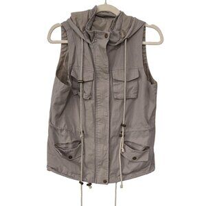 Zip Snap Front Hooded Utility Vest Size Large Drawstring Gray Outdoor Gorpcore